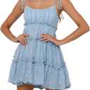 Mansy Womens 2025 Summer Floral Mini Dress Boho Flowy Skater Dresses Short Sleeveless Ruffle Spaghetti Strap Dress (Medium, Blue)