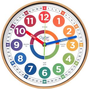 Oyster&Pop Learning Clock for Kids - Silent Telling The Time Teaching Clocks - Non-Ticking Kids Clocks for Bedrooms - Classroom Clocks for Teaching Time - Kids Learn to Tell Time Easily (10 inch, Multicolor)