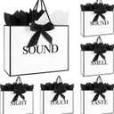 5 Senses Gift Bags for Him Her With Labels,Handles,Ribbon and Tissue Paper, 12.6 X 8.7 X4 Inch Five Senses Paper Bags, Suitable for Birthday Party,Wedding,Anniversary,Christmas,Valentine's Day (White Black)