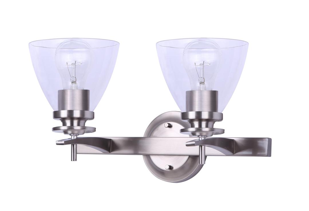 New Yorker 2 Light Wall Vanity Fixture Brushed Nickel Finish with Clear Glass Shades Damp Rated Up or Down Wall Mount
