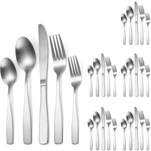 Silver Matte Silverware Square Handle 30 pieces Stainless Steel Cutlery Set for 6 Tableware Modern Eating Utensils for Home Kitchen Bar Restaurant