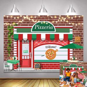 7x5ft Pizza Shop Photography Backdrop Cooking Theme 80's Vintage Pizzeria Party Background Newborn Baby Shower Boys Girls Birthday Party Cake Table Decorations Banner