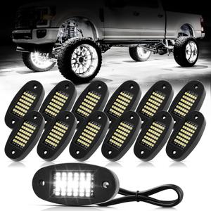 Hovano 12 Pods White Rock Lights 6000K Pure White 36 LEDs SMD Chips Super Bright Neon Underglow Light IP68 Waterproof for Pickup Trucks SUV UTV ATV RZR Car Boats (White)