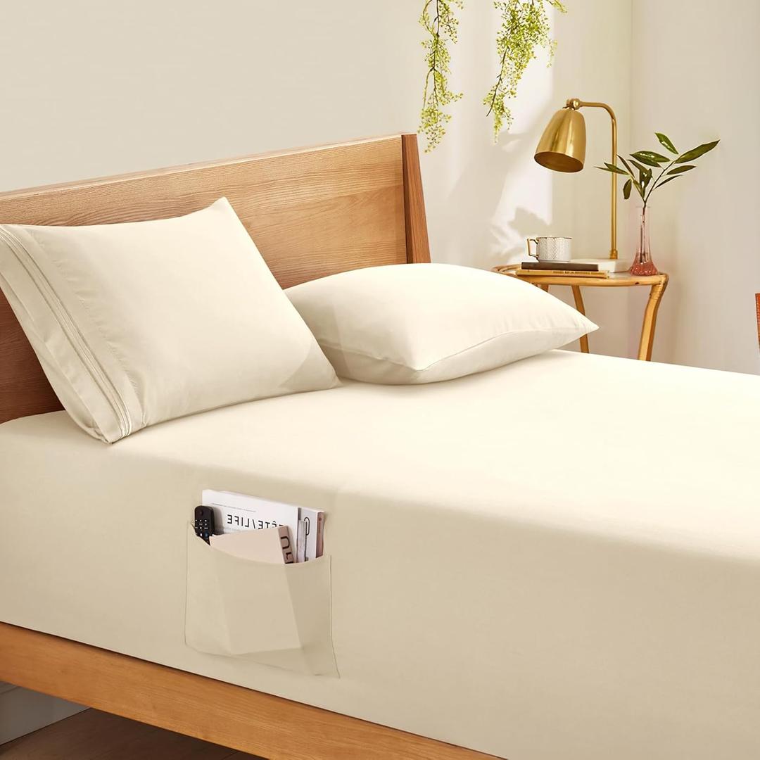 Horbaunal Extra Deep Pocket Queen Fitted Sheet Only - Fits Up to 24 Inch Mattress - Luxury 1800 Thread Count - Microfiber Cream Fitted Bed Sheet Queen Size