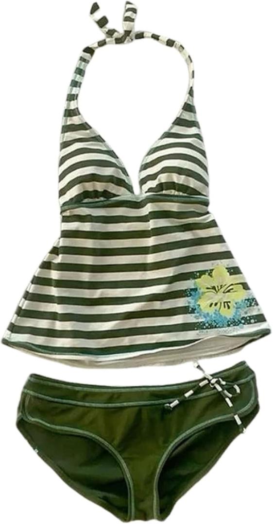 Y2k Tankini Striped Bikini Set Cute Kawaii Swimsuit 2 Piece 2000s Bathing Suit Vintage Floral Print Grunge Emo Alt Swimsuit (US, Alpha, Small, Regular, Regular, Green)