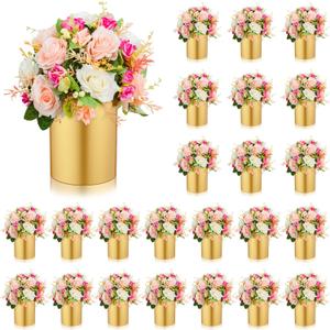 24 Pcs Gold Cylinder Vases for Wedding Centerpieces 5.1 Inch Tall Metal Flowers Vase Small Hurricane Holder for Wedding Table Centerpieces Anniversary Dining Coffee Table Party Decorations