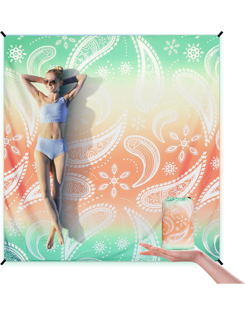 Beach Blanket Sandproof Extra Large Beach Mat Adults Waterproof Quick Drying Sand Free Mat Made by Premium Polyester with 4 Stakes & 4 Corner Pockets for Outdoor Travel Camping Hiking