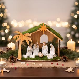 Pinkunn Christmas Wood Nativity Scene 14.6 * 11.8 * 6.7in Wooden Nativity Manger with Roof Star Simulation Grass, Stable Creche Xmas Indoor Home Desk Decor