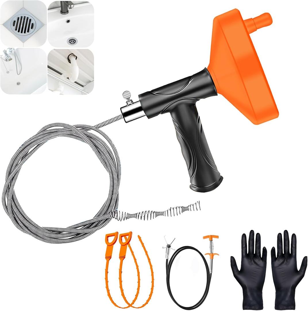 33 FT Drain Snake Auger, Plumbing Snake Drain Hair Clog Removal Tool, Sink Unclogger Drain, Heavy Duty Drum Auger, Cleaner Tool for Bathroom Kitchen Tub Shower Drain Clog Remover with Gloves