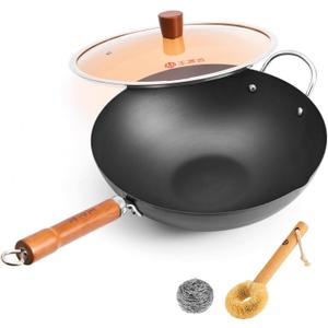 WANGYUANJI 12.6 Inch Carbon Steel Wok with Lid, Flat Bottom Wok Pan for Induction, Electric and Gas Stoves, Uncoated Chinese Stir Fry Pan with Wooden Handle