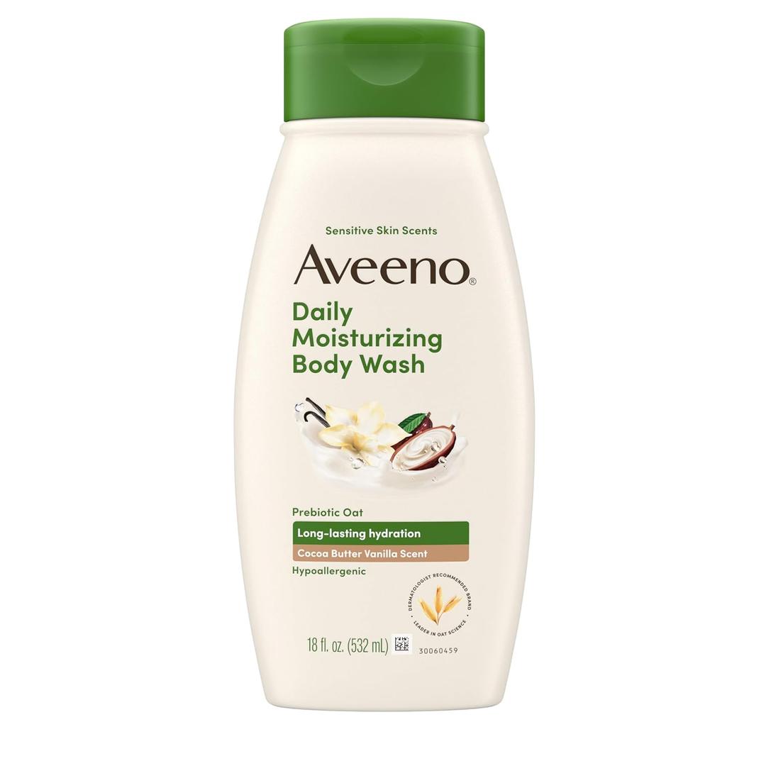 Aveeno Daily Moisturizing Body Wash with A Cocoa Butter Vanilla Scent & Soothing Prebiotic Oat, Provides Long-Lasting Hydration for Sensitive Skin, Hypoallergenic, Paraben-Free, 18 fl. oz
