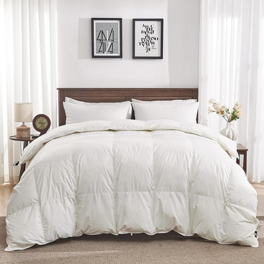 Goose Feather Down Fiber Comforter Queen Size - 100% Organic Cotton Shell All Season Duvet Insert, Medium Warmth Hotel Luxury Bedding Comforter(90x90 Inch, White) (Year-round)