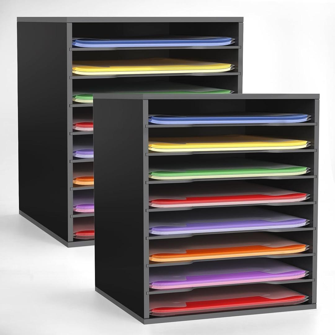 Krafetto 2 Pack Scrapbook Paper Storage Organizer Rack for Holding 12 x 12 Paper Storage Pouch, 8 Large Slots Desktop Papers Organizer Holder, File Sorter for Home Office School, Black