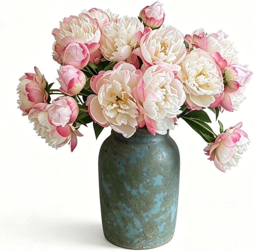 8 Pcs Silk Peonies Artificial Flowers Bulk Faux Peony Bouquet Fake Flower for Wedding Bridal Shower Centerpieces DIY Floral Arrangements Home Party Decorations (White-Pink)