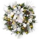 Christmas Wreath for Front Door, 24 Inch Outdoor Christmas Wreath, Battery Operated Xmas Wreath with Silver White Ball Ornaments Bows and 20 LED Lights for Home Holiday Decor