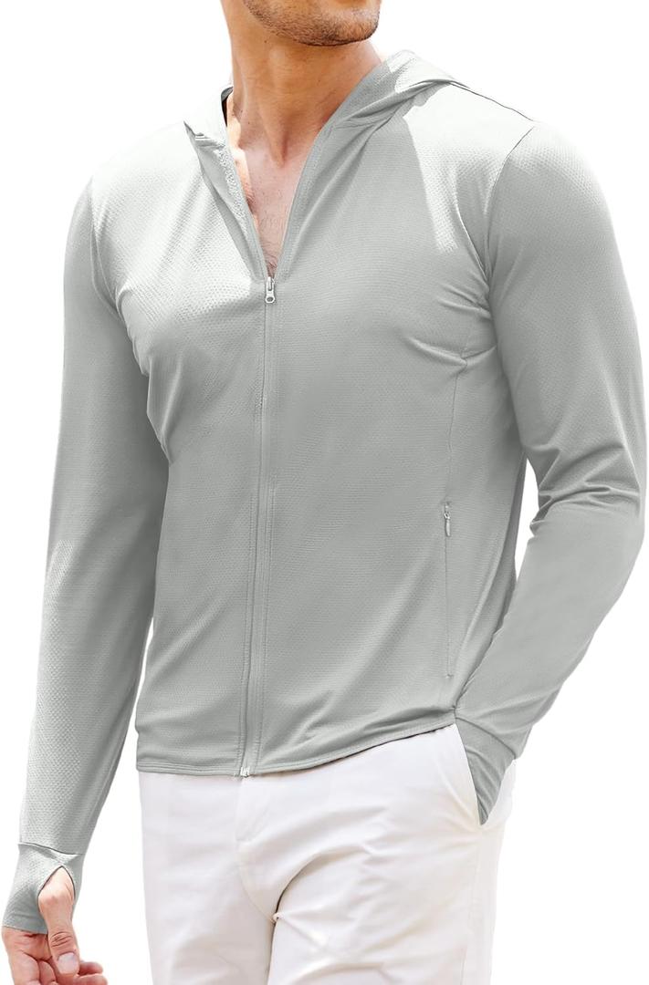 COOFANDY Full-Zip Men's Lightweight Hoodie UPF 50 - Breathable Sun Protection Jacket with Pockets for Golf, Fishing, Hiking (Gray, M)