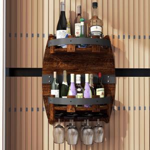 Whiskey Barrel Shelf Wall Mounted, Vintage Wine Rack With Glass Holder