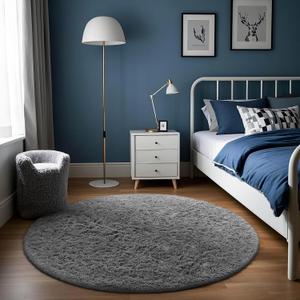 Ophanie Round Rug 4Ft Grey Circle Area Rug, Fluffy Fuzzy Bedroom Carpet, Plush Soft Shaggy Indoor Floor Gray Living Room Rugs for Kids Home Decor Aesthetic, Nursery