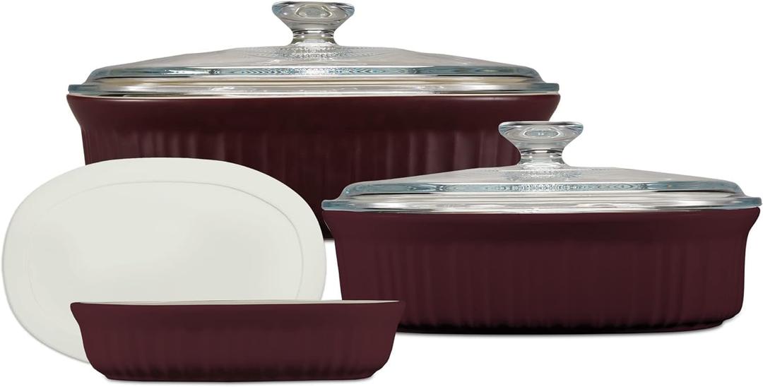 CorningWare Ceramic Bakeware Set with Lids Chip and Crack Resistant Stoneware Baking Dish, Microwave, Dishwasher, Oven, Freezer and Fridge Safe, 6-Piece French Cabernet