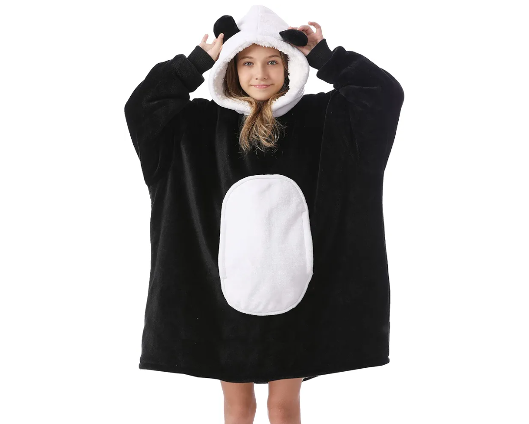 Kipswiza Panda Blanket Hoodie for Kids 6-12 Girls Boys Birthday Gifts, Soft Cozy Sherpa Oversized Wearable Blankets, Kids