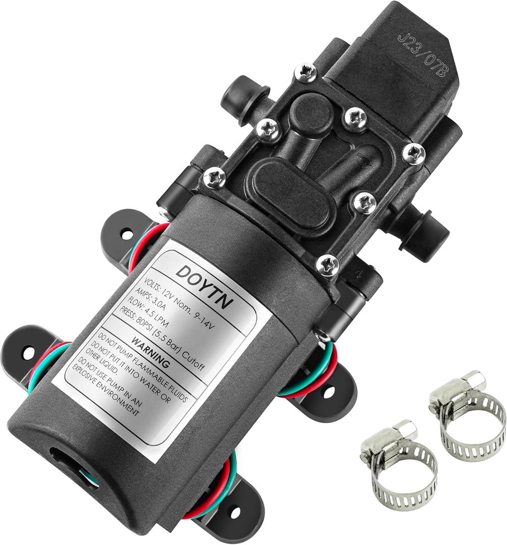 12V Diaphragm Water Pump 1.2 GPM 80 PSI Self Priming Sprayer Pump with Pressure Switch, Hose Clamps for RV, Camper, Marine, Boat, Garden, Car Wash