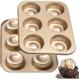 Brownie Bowl Pan 2 Pack, 6 Cavity Mini Round Cake Mold 3 Inch, Shortcake Tea Cookie Shot Mold for Baking - Gold (10.2" x 7.8", 12-cavity)