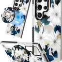 Lotadilo for Samsung Galaxy S24 Ultra Case for Women - Girls Cute Design Compatible with Magsafe Magnetic Ring Holder Stand Blue Flower Phone Covers Aesthetic Girly TPU Funda for S24 Ultra
