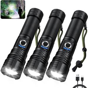 3 Pack Flashlights High Lumens Rechargeable, Super Bright Flashlight with 5 Modes, High Powered Flash Light, Handheld LED Flashlights for Home Camping, IPX6 Waterproof (Black)