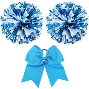 Hanaive 3 Pcs Cheerleading Pom Poms and Large Cheerleader Hair Bow Metallic Cheer Supplies for Team Spirit Sports Dance Cheering (Lake Blue Mixed White)