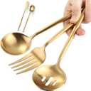 Gold Stainless Steel Serving Utensils Set, 5 Pcs - 10.8 Inch Serving Fork, 10.3 Inch Slotted Spoon, Sugar Spoon, Butter Knife for Buffet