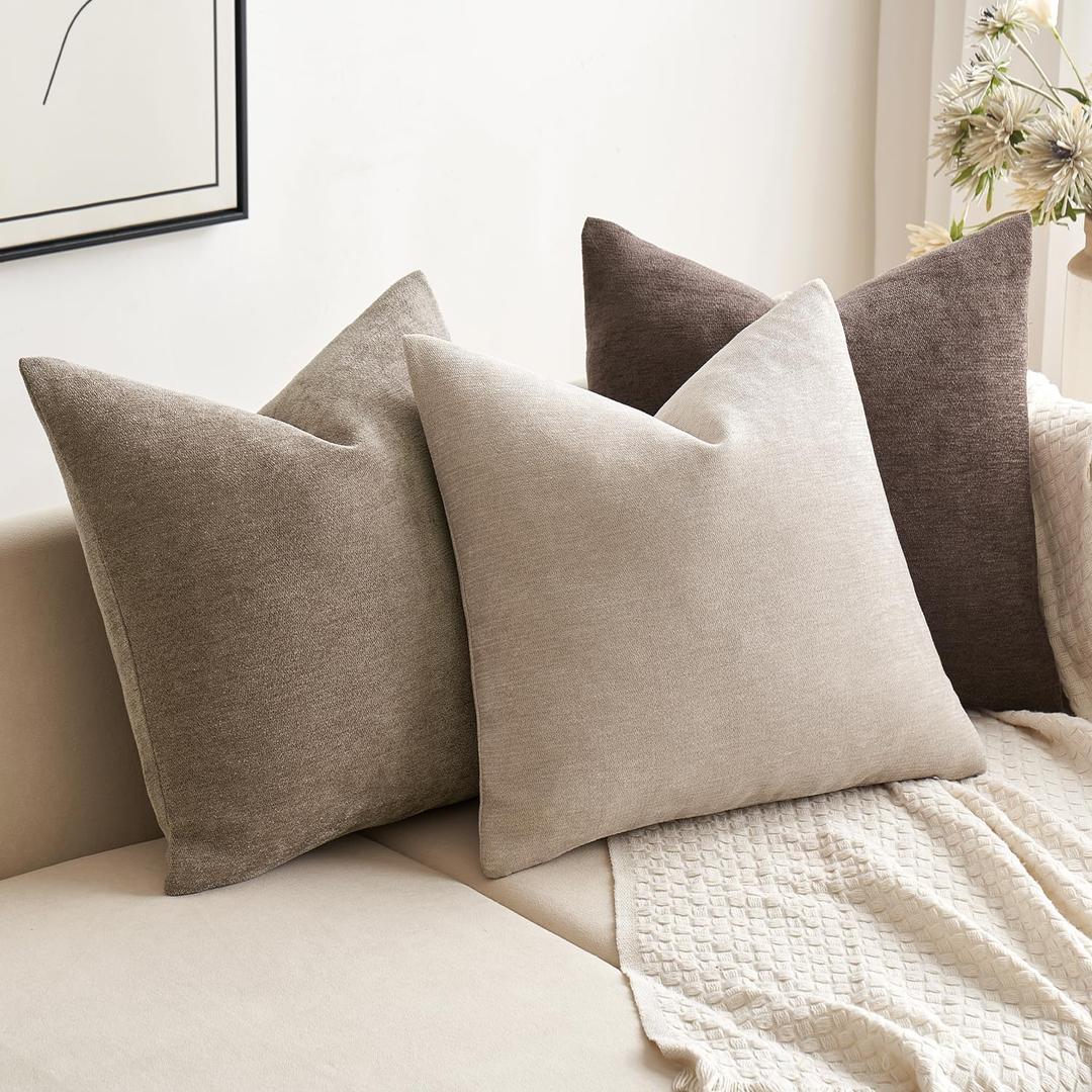 MIULEE Pack of 3 Couch Throw Pillow Covers 18x18 Inch Neutral Beige/Brown Soft Decorative Chenille Pillow Covers Farmhouse Accent Cushion Covers for Boho Spring Home Decor Sofa Bedroom Living Room
