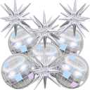 9Pcs Disco Ball Balloons Iridescent,22Inch Glitter Silver 4D Large Foil Disco Balloons with Explosion Star Balloon for Birthday Bachelorette 70s 80s 90s Disco Theme Party Decorations