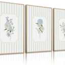 Blue Hydrangea Wall Art Floral Canvas Prints Sage Green Striped Wall Decor Botanical Pictures Chinoiserie Flower Painting Watercolor Poster Wildflower Artwork for Living Room 12x16x3 Inch Unframed