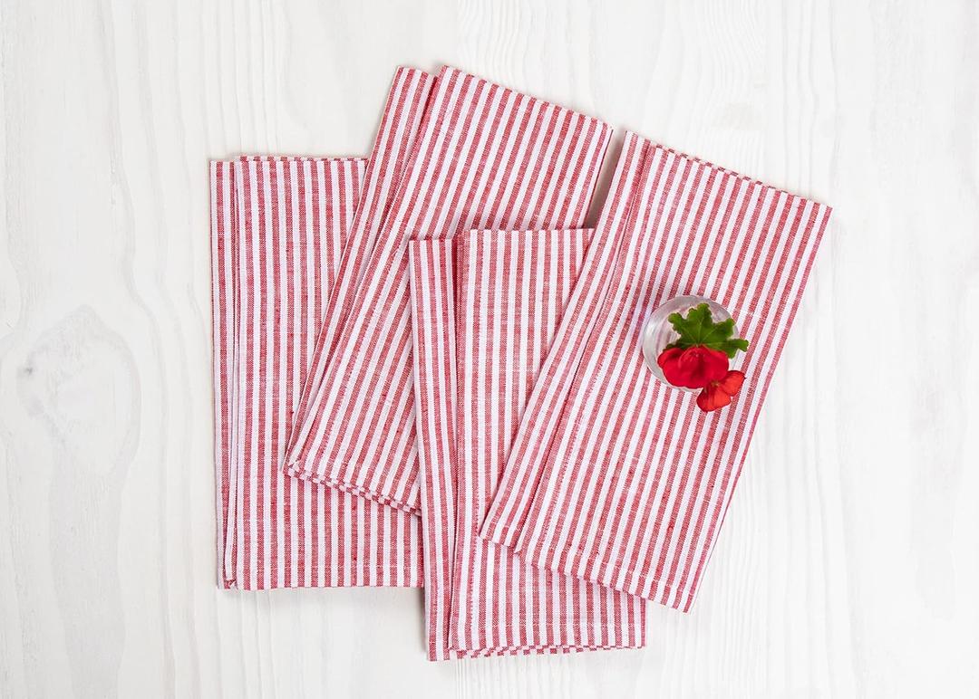 Solino Home Linen Napkins Set of 4-100% Pure Linen Narrow Stripe Red and White Cloth Dinner Napkins 20 x 20 Inch - Handcrafted and Machine Washable - Christmas, Holiday, Winter