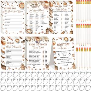 Estune 331 Pcs Bridal Shower Games Supplies, 5 Sets 250 Pcs Wedding Cards 1 Bridal Shower Games with 60 Rings and 20 Pencils(Love is Brewing)