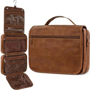 PAVILIA Hanging Toiletry Bag Women Men, Foldable Cosmetic Organizer Travel Bag, Water Resistant Makeup Bag Toiletries, Large Travel Essentials Kit (Brown)