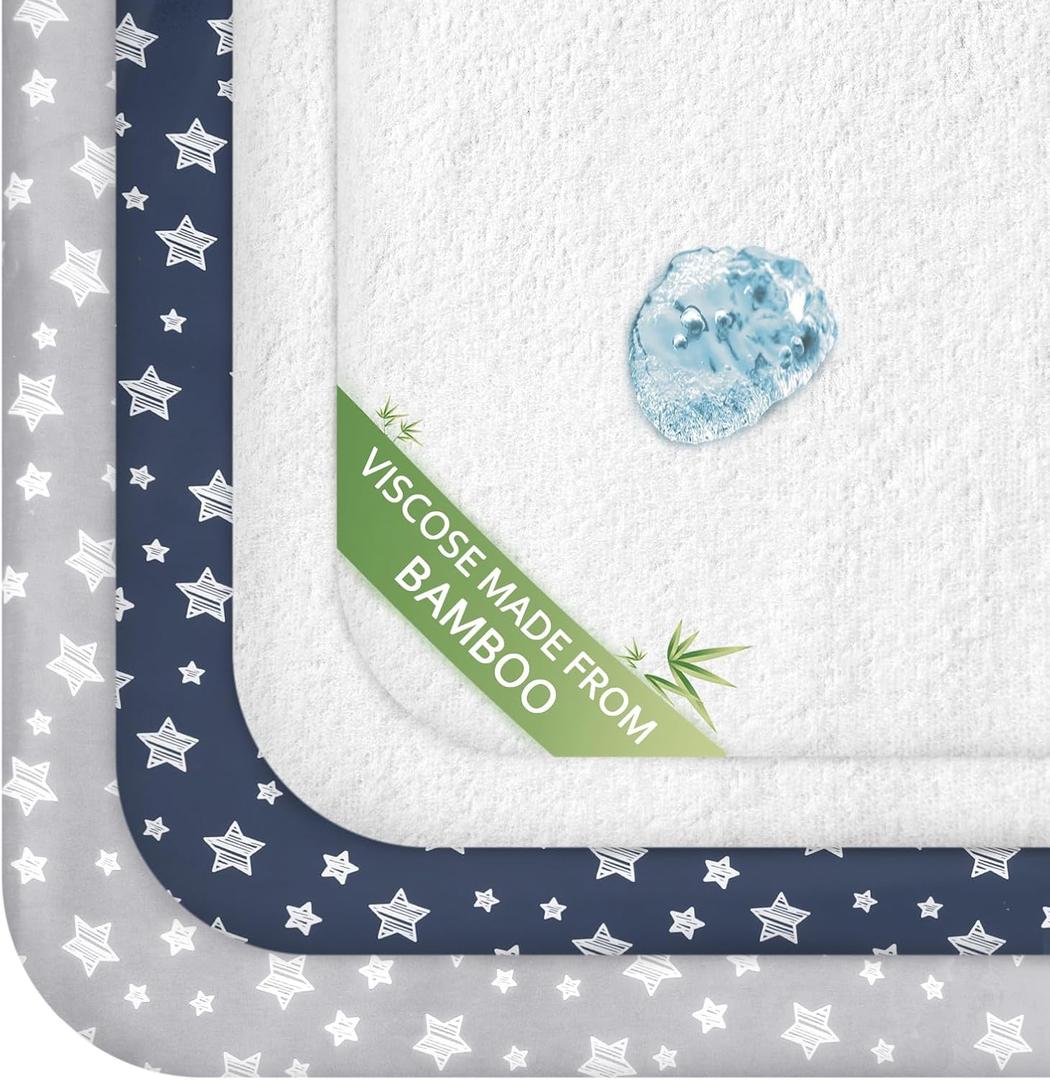 Pack and Play Sheets & Waterproof Terry Pack N Play Mattress Protector Pad Cover 4 Pack, Viscose Terry Pack N Play Sheets Set, Grey & Navy (39" X 27")