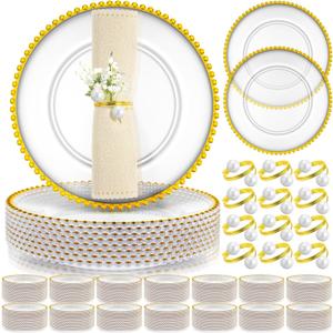 Tioncy 50 Set Clear Charger Plates Bulk 50 Beaded Plastic Charger Plates 13 Inch, 50 Napkin Rings, Acrylic Round Dinner Table Decorative Plate for Wedding Party Event(Clear and Gold)