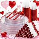 SUT 175 Pcs Red and Clear Plastic Dinnerware Set for 25 Guests, Include: 25 Dinner Plates, 25 Dessert Plates, 25 Pre Rolled Napkins With Silverware, 25 Cups, Disposable Plates for Party