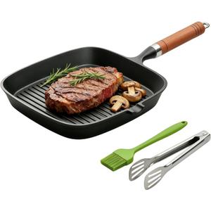 Cast Iron Grill Pan, 9 Inch Griddle Pan with Kitchen Tong & Oil Brush, Gilling Skillet with Pour Spout & Grill Lines for Searing Steak, Stove Tops Gas Induction Campfire Compatible, PFOA Free