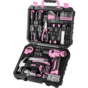 DEKOPRO Drill Set, Home Tool Set with 8V Pink Cordless Drill, Hand Tool Kit for Women, 126 pcs