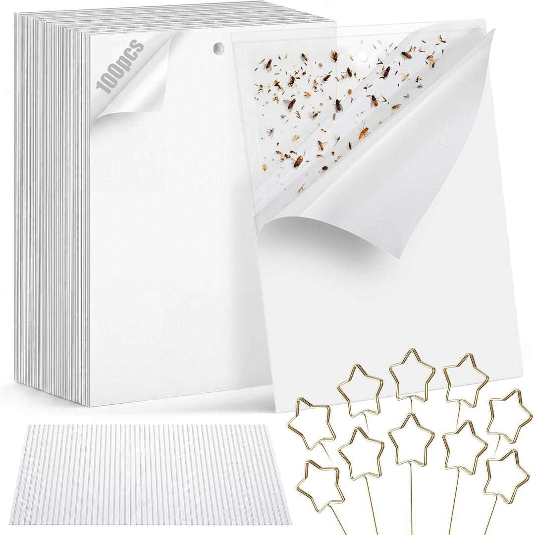100 Pcs Gnat Sticky Traps for Plants, Transparent Double Sided Indoor Outdoor Pest Control for Fungus Gnats, Fruit Flies, Whiteflies, Aphids & Leaf Miners, Includes 10 Card Clips & 100 Twist Ties
