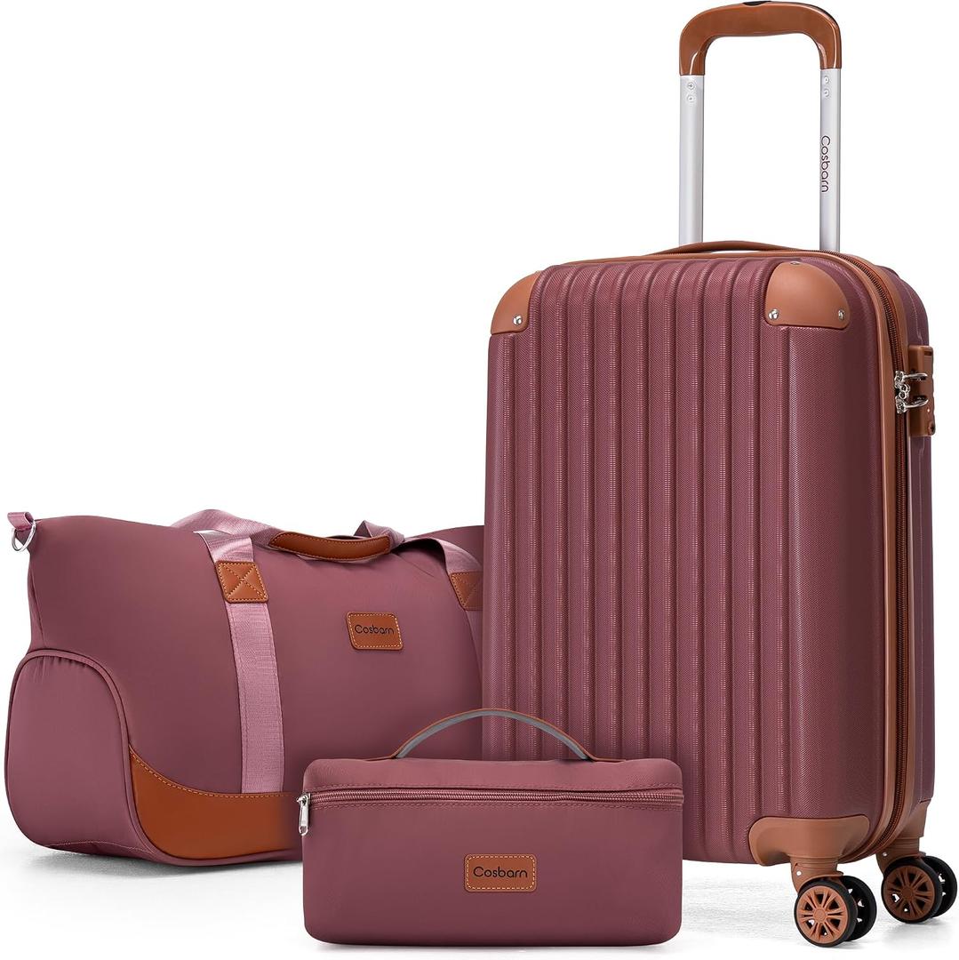 Cosbarn Carry On Luggage Sets 3 Piece, 20 Inch Luggage 22x14x9 Airline Approved with Wheels and TSA Lock, ABS Lightweight Hardshell Travel Suitcase Set with Duffel Bag Travel Bag for Men Women