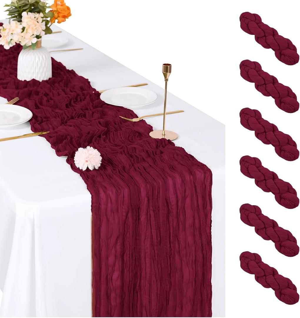6 Pack Burgundy Cheesecloth Table Runner, 17 x 108 inch, Semi Sheer Boho Cheese Cloth Fabric Table Runner Bulk for Wedding, Birthday, Party, Holiday, Home Decor (Burgundy)