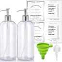 Refillable 32oz Dispenser Plastic Bottle 2pack with Steel Pumps, 1 Liter Crystal Clear Multi-Use Empty Container with Funnel for Shampoo, Conditioner, Body Wash, Liquid Hand Soap, Lotion