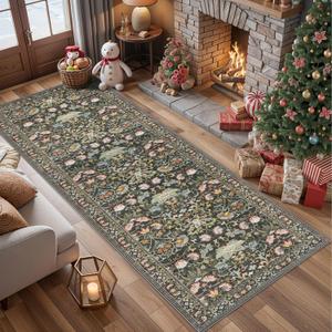 Wide Hallway Washable Runner Rug: 3x10 Water-Resistant Entryway Area Rug Vintage Soft Carpet for Living Room Non Slip Indoor Farmhouse Floor Mat for Bathroom Laundry Room(3x10,Green)