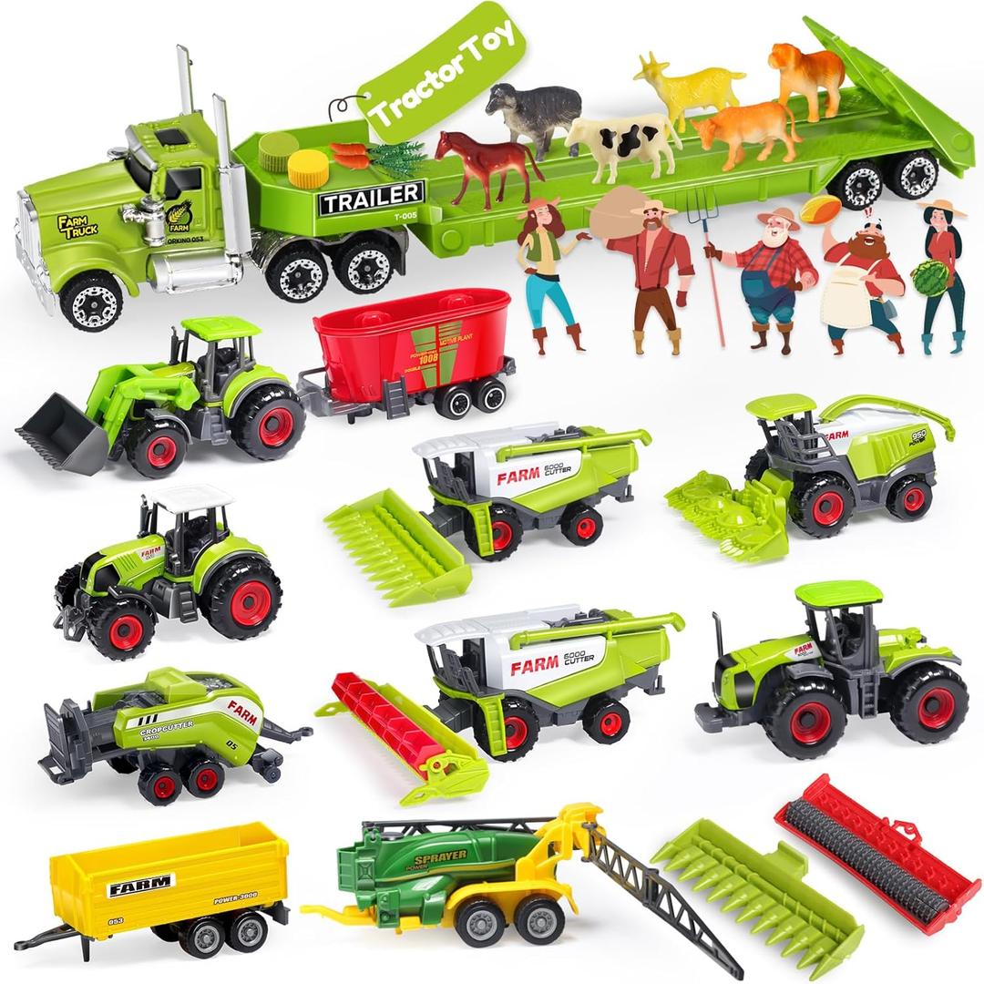 Oriate Kids Farm Toys Realistic Tractor Vehicle Playset, Diecast Car Set Educational Mini Farm Animals with Flatbed Trailer, Birthday Gift for Children 3 Year Old