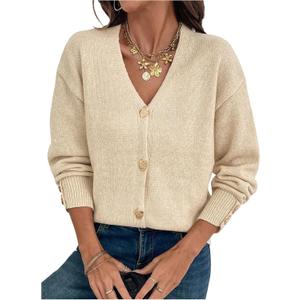 GORGLITTER Women's Button Down Cardigan Knit Sweaters Old Money Clothes Cozy Holiday V Neck Long Sleeve Cardigans Tops (L)