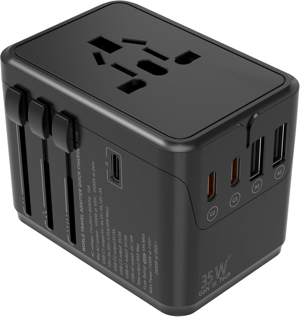 Universal Travel Adapter Worldwide- 35W GaN III/PD Fast Charge European Travel Plug Adapter with 3 USB-C& 2 USB-A Ports, International Power Adapter for US to Europe UK AUS Japan(Type C/G/A/I) (black)