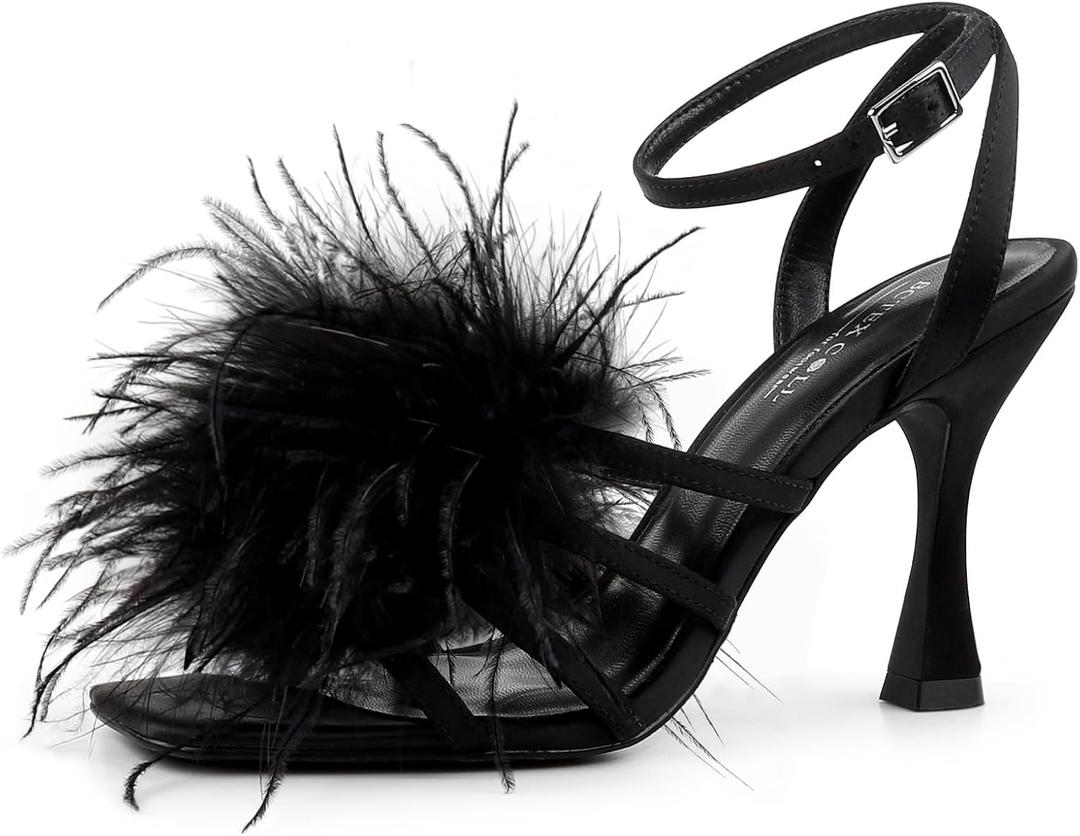 BCTEX COLL Women's Heeled Sandals Fluffy Feather Square Open Toe Ankle Strap Sexy Stiletto High Heels for Wedding Party Dance Evening (8.5, Black)